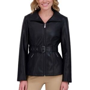 NWT Kenneth Cole Women's Black vegan Leather ‘Clovis’  Belted Jacket size Small